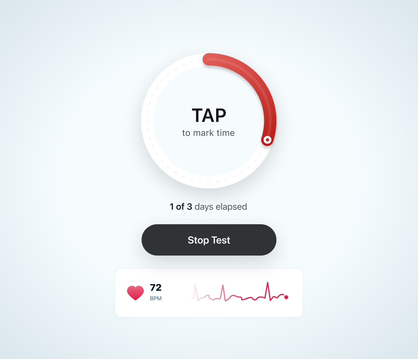 Testskjermen i ECG247-appen, der brukeren markerer tidspunkt under målingen.