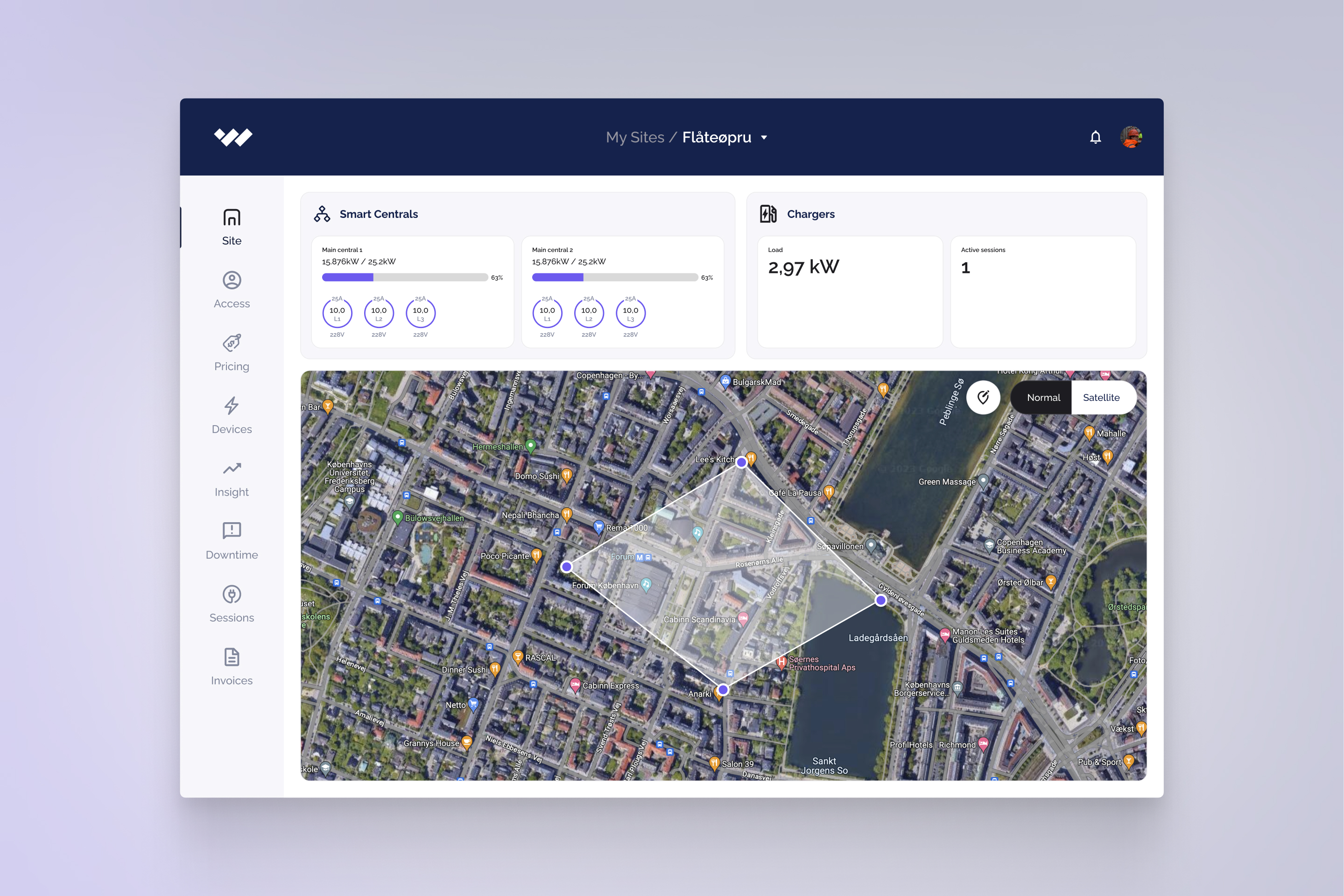 Markering av arbeidsområde med satellittversjon i kartet.
