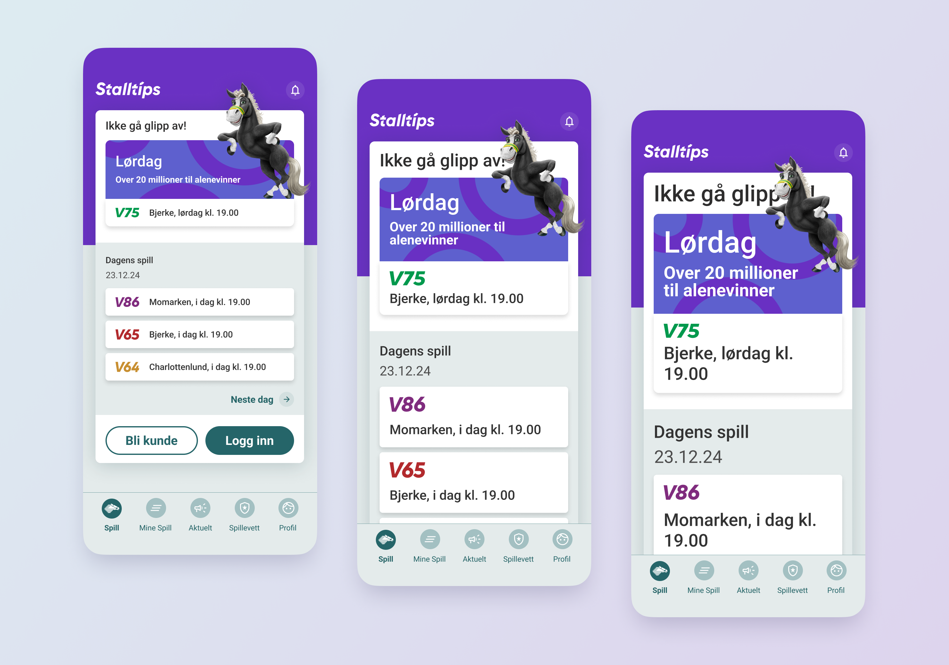 Eksempelbilder på tekstjustering og tilgjengelig design i Rikstoto-appen.