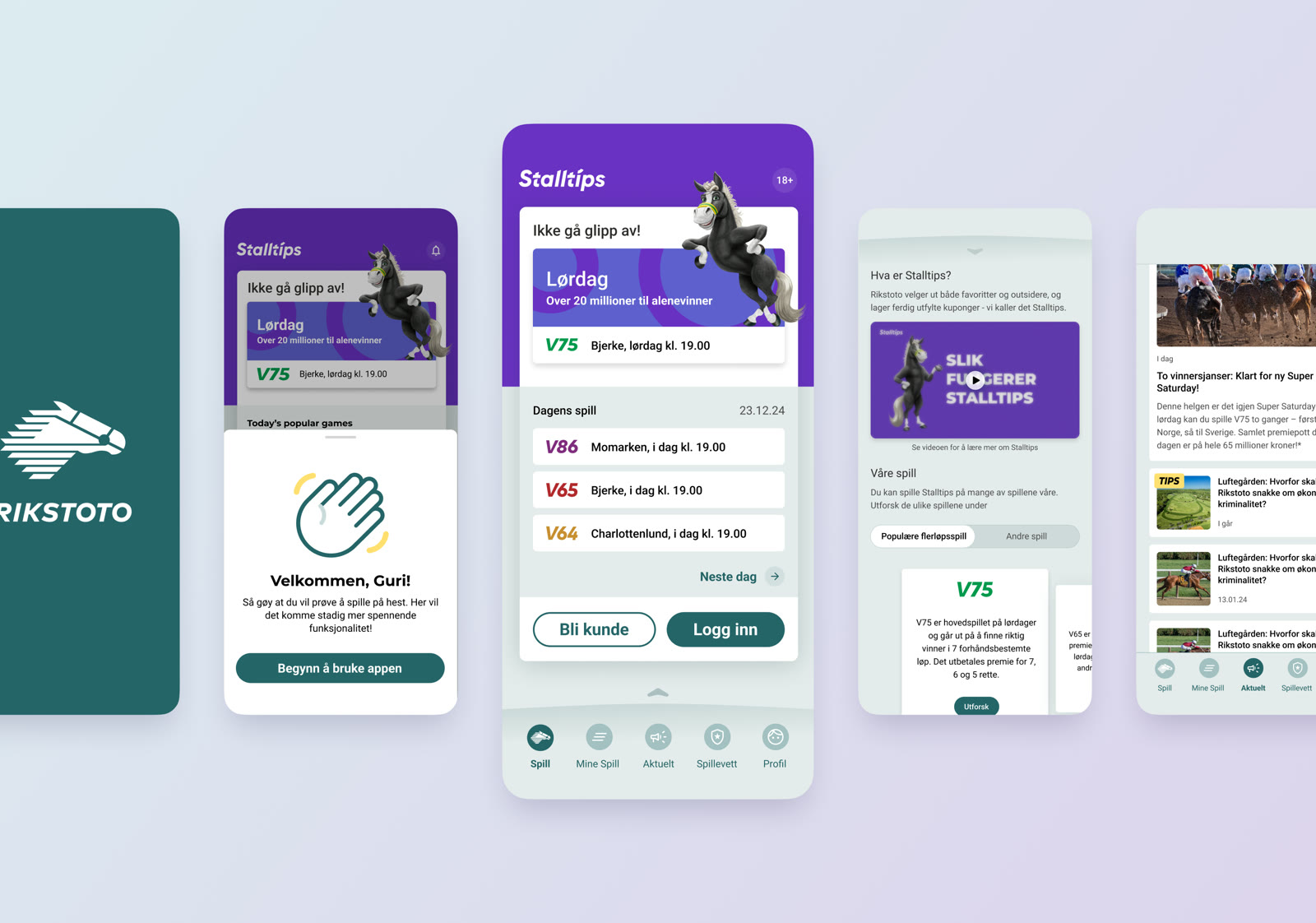 Fem skjermbilder fra Rikstoto-appen: oppstart, introduksjon, hjem, stalltips og nyheter.