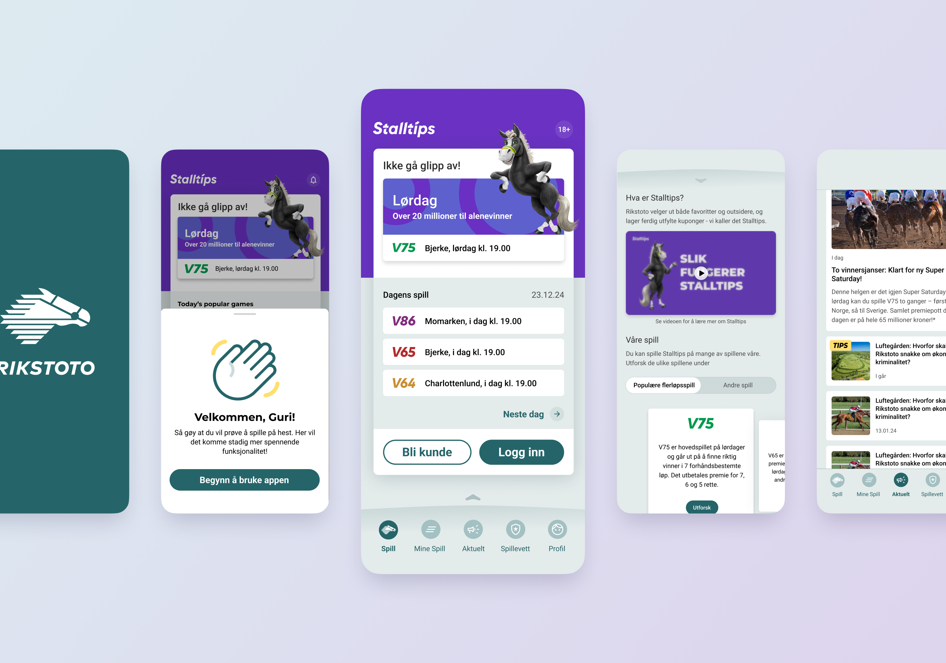 Eksempelbilder fra fem skjermbilder — splash, onboarding, hjemmeside, Stalltips og nyheter i Rikstoto-appen.