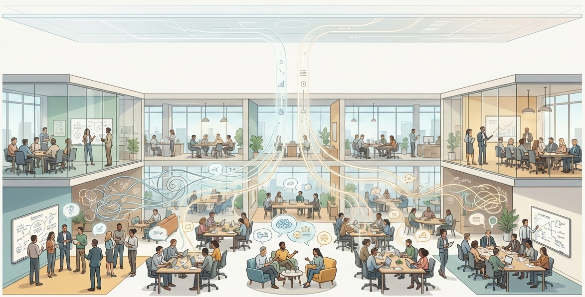 Illustrasjon: moderne arbeidsplass hvor kontekst flyter mellom mennesker og AI-systemer